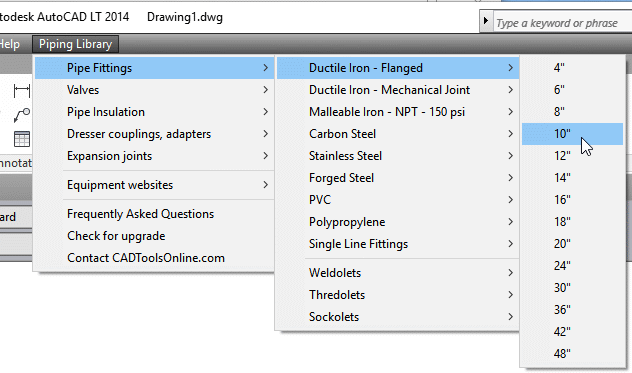 AutoCAD and AutoCAD LT 2D Piping Symbols Library menu system